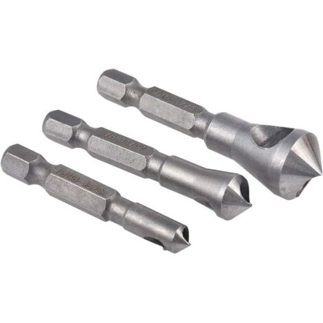 Ensemble d'outils de fraisage et d'ébavurage,3 pièces ensembles d'outils de poinçonnage central à 90 degrés pour mèches à bois en métal à chanfrein de fraisage avec tige hexagonale de 1/4pouce (1/5)
