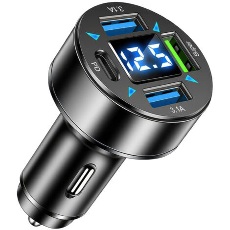 Chargeur Allume Cigare USB C 4 Ports, USB C PD 66W, QC3.0 avec Voltmètre LED - Compatible avec IPhone, Android, Samsung, Tablette - Compact, Léger Et Sécurisé