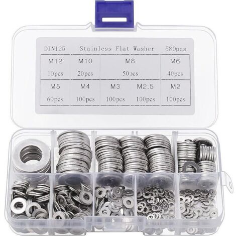 Belle Vous Rondelle Inox avec Boîte de Rangement (Lot de 580) - Assortiment de 9 Tailles M2, M2.5, M3, M4, M5, M6, M8, M10 & M12 - Lot de Rondelles Métal - Réparations, Usines & Décoration Intér (1/4)