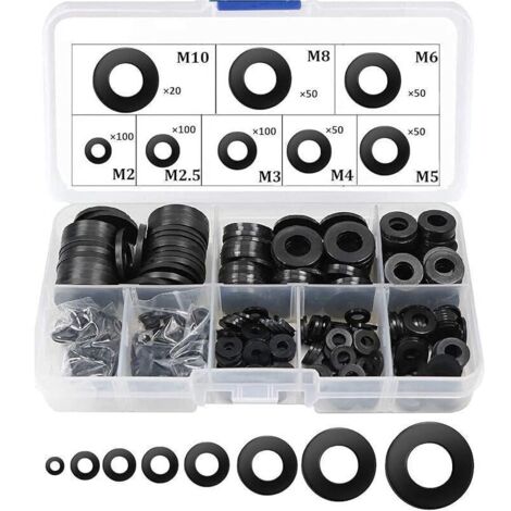 Rondelle Nylon Entretoise Plastique M2 M2.5 M3 M4 M5 M6 M8 M10 Ronde de Rondelle Plate 520 Pièces(Noir) (1/4)