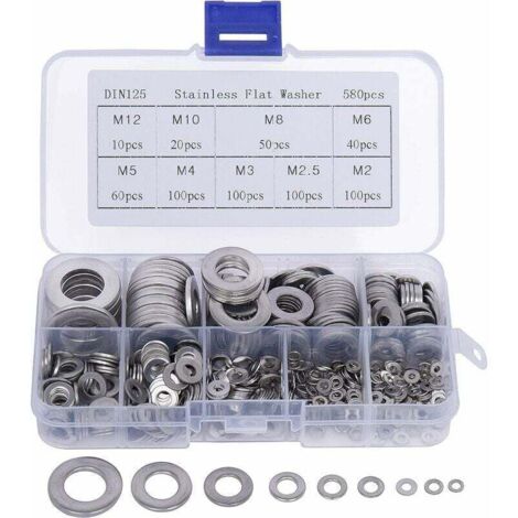 Rondelles Metal (580 Pièces) avec Boite en Plastique - 9 Tailles Différentes de Rondelles Inox M2, M2,5, M3, M4, M5, M6, M8, M10 et M12 - Assortiment de Rondelle Plate pour Bricolage, Mécanique (1/4)