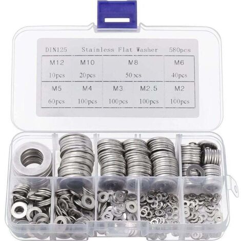 Rondelle Inox avec Boîte de Rangement (Lot de 580) - Assortiment de 9 Tailles M2, M2.5, M3, M4, M5, M6, M8, M10 & M12 - Lot de Rondelles Métal - Réparations, Usines & Décoration Intérieure (1/5)