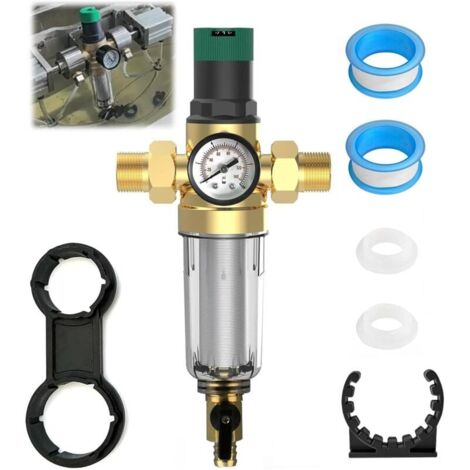 Filtre à contre-lavage, laiton réducteur de pression d'eau de 1 pouce et manomètre, reducteur de pression eau 3/4 pouce DN 20 filtre à sédiments, filtre à eau domestique réutilisable (1/5)