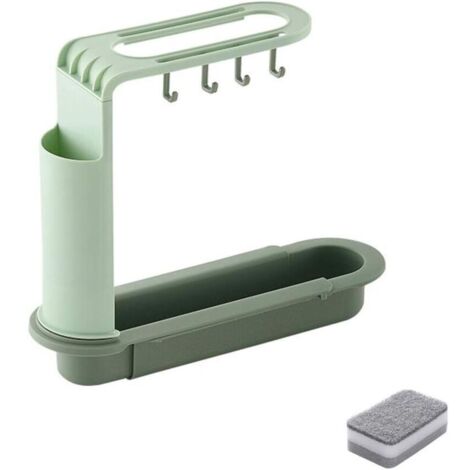 Étagère de rangement télescopique pour évier, égouttoir réglable, panier de drainage pour évier de cuisine avec une éponge de nettoyage (vert) (1/5)