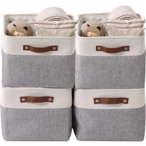 paniers de rangement pliables en tissu cationique robuste et pliable avec poignées pour étagère pour chambre d'enfant ou penderie (Gris et blanc, Large - 4 Pack) (1/5)
