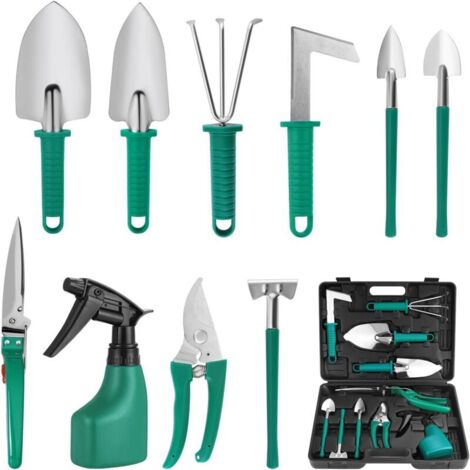 10PCS Kit d'outils de Jardin avec truelle, Outillage de Jardin Kits, Machine à Transplanter, Râteau, Sécateur, Pelle et Flacon Pulvérisateur d'eau (10) (Vert) (1/5)