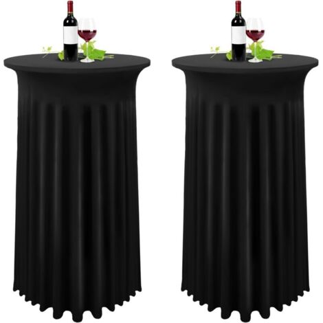 Lot de 2 housses de table haute noir – Nappe extensible en élasthanne 80 x 110 cm – Jupe plissée pour tables rondes 81 x 109 cm