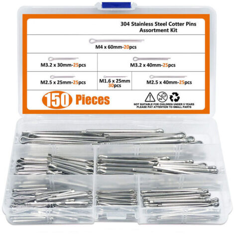 150-pieces 6 tailles en acier inoxydable 304 Cotter Pin Clip principales ultraconfortables Assortiment kit de montage pour automobiles, mécaniciens, garage, équipements de puissance de voiture (1/4)