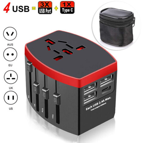 Adaptateur Voyage Universel, International Prise Universelle avec 4 USB, 4 en 1 Chargeur USB pour USA UK Australie Japon Italie Chine, Prise Monde Applicable à 224 Pays ou régions, Noire (1/5)