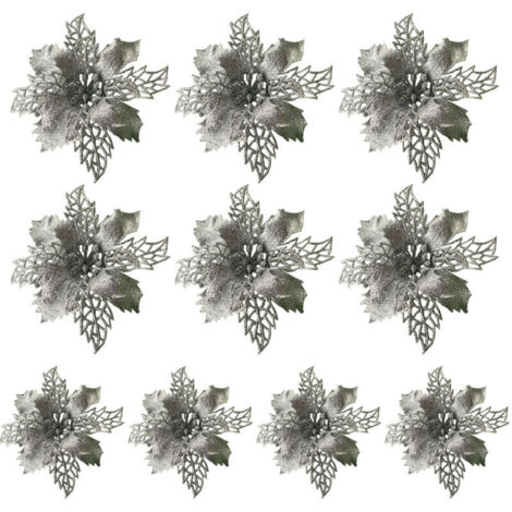 Lot de 10 décorations de Noël argentées à paillettes, en forme de feuilles de houx et de poinsettias artificiels, pour sapin (15 cm de diamètre), couronne de Noël, guirlande, cadeau floral, décoration (1/5)