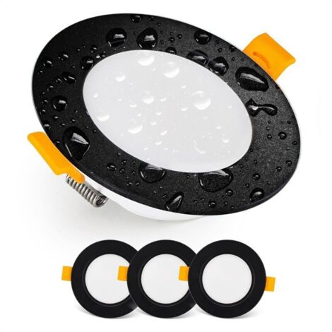 Spot LED Encastrable Downlight LED spots de plafond IP54 Pour Salle de Bain, locaux humides, Blanc chaud 3000K Lot de 3 Spot LED Extra Plat Ronds 7 Watt (7W) / 700 Lumens, Noir (1/5)