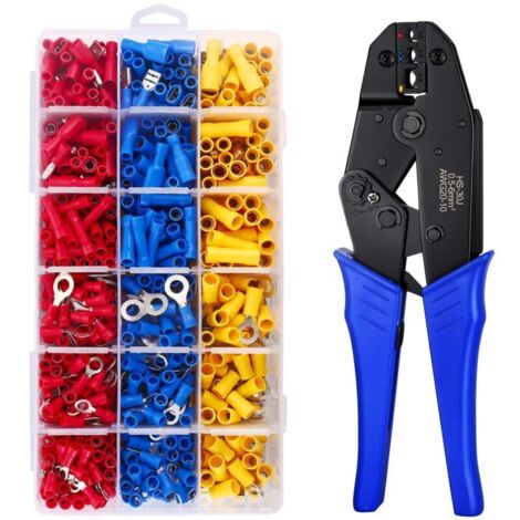 Kit d'outils de sertissage de bornes de fil isolées, pince à sertir à cliquet 0,5-6 mm², pince à cosse de câble, ensemble d'outils de sertissage d'électricien avec 700 connecteurs à sertir isolés (1/5)