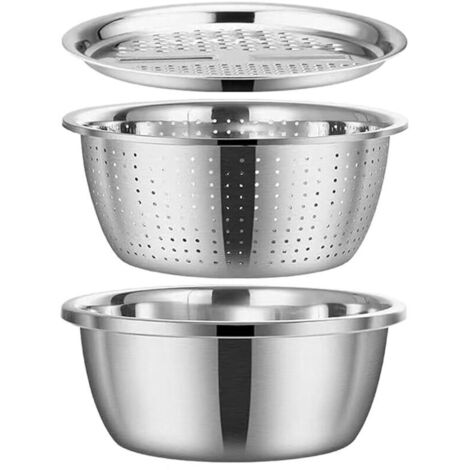 Ensemble de trois ustensiles de cuisine en acier inoxydable : râpe, bol mélangeur et passoire. Multifonctionnel, pour la cuisine. Diamètre : 26 cm. Couleur : argent (1/5)