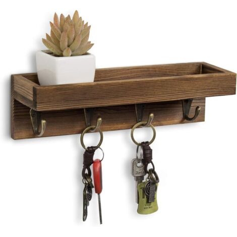 Étagère murale flottante de 25 cm avec crochets, étagère de rangement en bois marron foncé pour entrée avec 4 crochets métalliques pour clés (1/5)