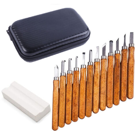 12 pièces de Couteaux à découper + 1 Pierres à aiguiser + Sac Couteau de Sculpture sur Bois pour Bois, Fruits, légumes, Sculpture Bricolage et Cire (Longueur 141 mm) (1/5)