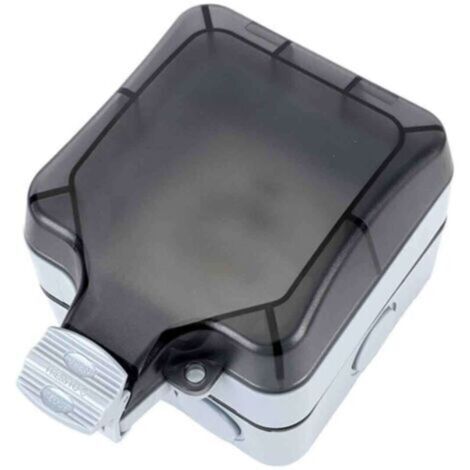Prise extérieure étanche IP66 avec interrupteur, fiche et couvercle à charnière, idéale pour la cuisine, la salle de bain, le garage, la piscine et le jardin. Disponible en noir et gris