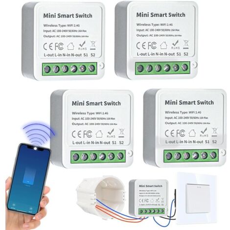 4 modules d'interrupteur intelligents 2 voies - Interrupteur WIFI DIY Compatible avec l'application Tuya, Alexa et Google Home, interrupteur connecté Conducteur neutre nécessaire