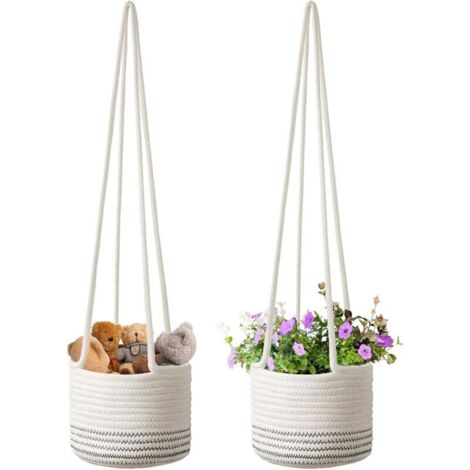 Panier De Jardinière, 2pcs Panier de Jardinière Suspendu en Corde Panier De Fleurs en Macramé Corde De Coton pour Balcon Décoration Couvrir Le Panier De Rangement Conteneurs De Plantes (1/5)
