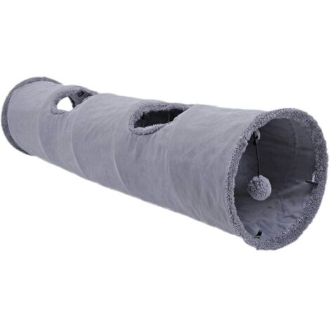 Jouet Tunnel pour Chat, Tunnel pour Chat Pliable avec Grottes, avec 2 Trous et Boule Suspendue pour Chats Chatons Lapins Dia 30 x 130cm Gris (1/5)
