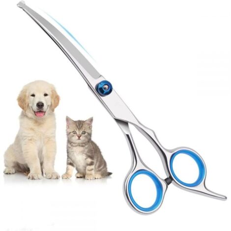 Ciseaux Chien Toilettage, Ciseaux pour Chien, Ciseaux Toilettage Chien, Ciseaux pour Chiens Avec Peigne pour Chien, Ciseaux de Toilettage pour Chiens à Tête Ronde(Ciseaux Courbés Bleus) (1/5)