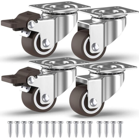 4 Roulettes Pivotantes Pour Meubles dont 2 avec Frein + Vis - 25mm Jusqu'à 40KG - Mini Roulette Sans Traces au Sol pour Charge Lourde - Roue en Caoutchouc pour Chariot- Argentées (1/5)