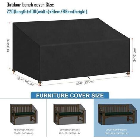 Housse Banc de Jardin 3 Places 220x100x61/89cm Imperméable, Housse Canape de jardin Exterieur, housse salon jardin Tissu Oxford, Coupe-Vent, Anti-UV, avec Boucle, Noir