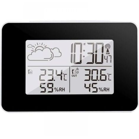 Station météo intérieure avec capteur extérieur – Thermomètre et hygromètre – Prévisions météo animées – Horloge radio-pilotée DCF – Écran LED noir