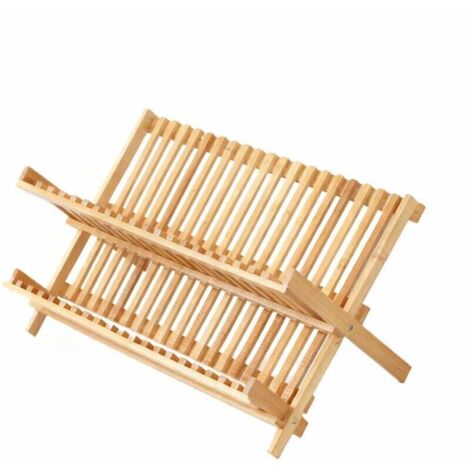 Égouttoir en bois, hauteur x largeur x profondeur : 4224,526 cm, double couche, égouttoir à couverts pliable en bambou, couleur naturelle.