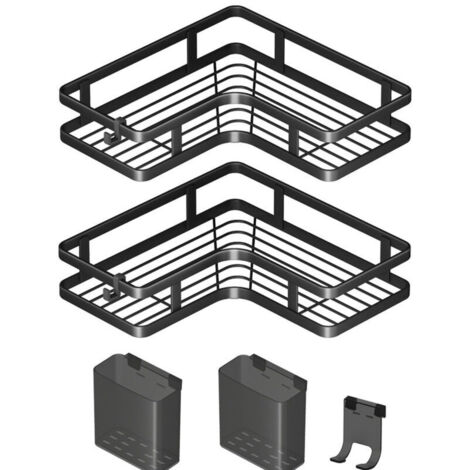 Ensemble de deux étagères d'angle pour douche - avec 4 crochets - installation sans perçage - étagère de rangement pour salle de bain - convient aux salles de douche et salles de bain - noir (1/5)