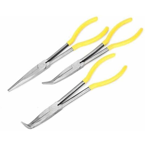 Lot de 3 pinces à bec long en acier au carbone – Pointe droite et coudée – Poignée antidérapante pour espaces restreints – Longueur 11 pouces