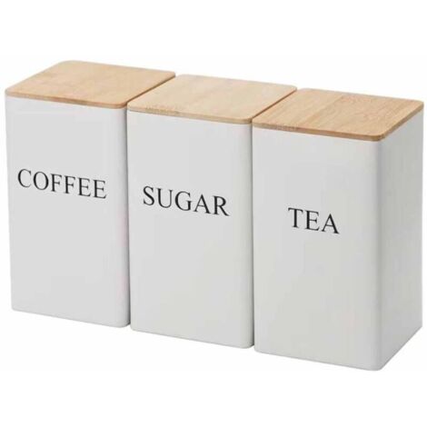 Lot de 3 boîtes à thé, café et sucre en métal de 1 000 ml avec couvercle hermétique en bambou décoratif pour votre thé, sucre, café préféré (blanc) (1/5)
