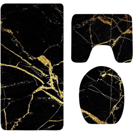 Ensemble de trois pièces noir et or pour la salle de bain, comprenant un tapis de bain et une housse de siège de toilette, idéal pour un usage quotidien. (1/5)