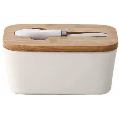 Beurrier avec couvercle pour comptoir, grand beurrier en céramique avec couteau, récipient à beurre en céramique avec couvercle hermétique, bon cadeau de cuisine (blanc) (1/5)