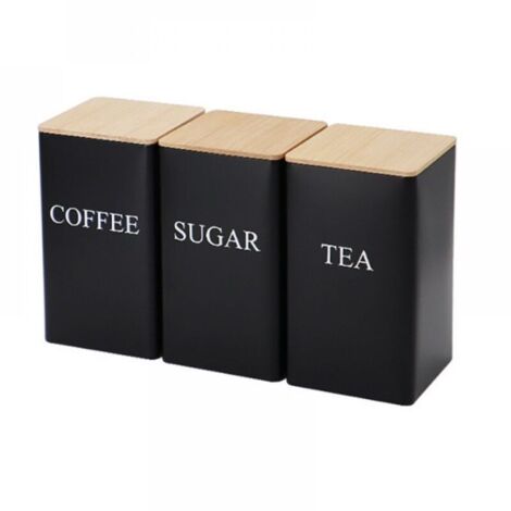 Lot de 3 boîtes à thé, café et sucre en métal de 1 000 ml avec couvercle hermétique en bambou décoratif pour votre thé, sucre, café préféré (noir) (1/5)