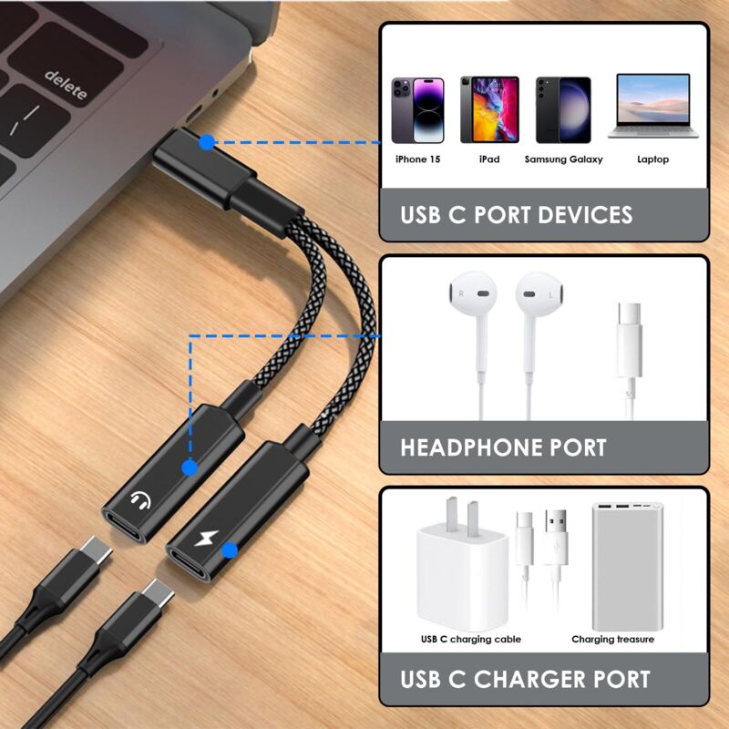 Adaptateur Double USB C Jack Casque Et Chargeur, 2 En 1 Type C Audio Charge Adaptateur Séparateur Casque Compatible Avec Samsung Galaxy S24/S23/S22/S21,Huawei P40/Mate 40, Google Pixel, OnePlus