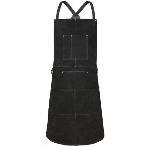 Tablier de Soudure, Tablier de Travail en Cuir de Vachette avec 6 Poches, 24"x 36" Tablier de Cuisine Multifonctionnel, Brets Réglables de M à XXL pour Hommes et Femmes, Noir