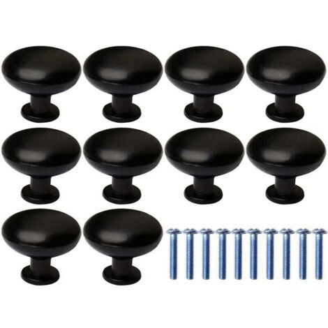 Boutons de Porte, 10Pcs Tiroir de Porte Poignée Bouton Poignée de Meuble, Rond Noir Boutons Poignée pour Placards de Cuisine(avec 10 vis de fixation)-INHHUB