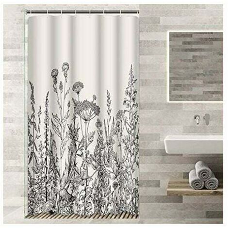 [JAMAIS UTILISÉ]INHHUB 90  180cm Camper Stall Rideau De Douche Floral Border Herbes Et Fleurs Sauvages Botanique Vintage Gravure Noir Imperméable Polyester Tissu Ensemble Avec Crochets-INHHUB (1/5)