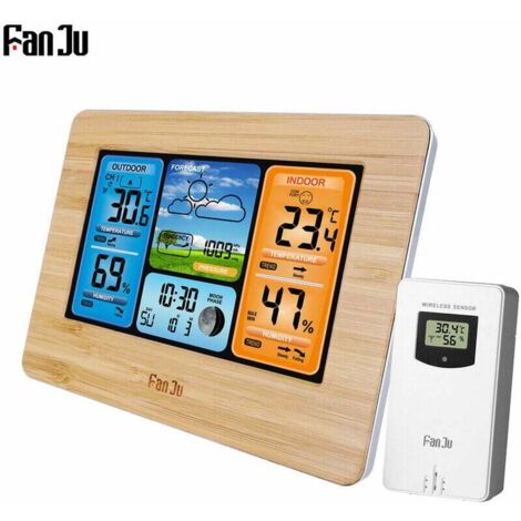 Horloge station météo multifonction sans fil avec hygromètre de température intérieure et extérieure, dotée d'un capteur extérieur et d'un câble d'alimentation USB, avec un modèle de surface en bambou (1/5)