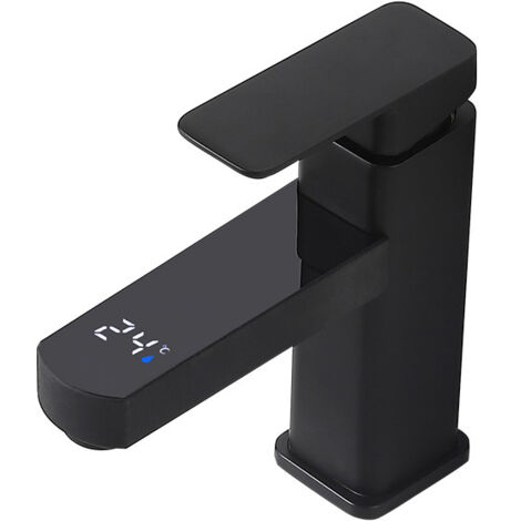 [JAMAIS UTILISÉ]Robinet à trou unique, Robinet de contrôle de température de robinet numérique de salle de bains, robinet de lavabo d'eau chaude et froide de cuisine, robinets mélanurs en laiton, noir (1/5)