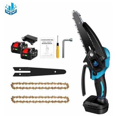Tronçonneuse à batterie Scie à chaîne électroportative 1200W , Mini tronçonneuse électrique sans fil 6 pouces pour Makita 18V - Vitesse réglable pour la coupe du bois - Bleu avec 2 batteries