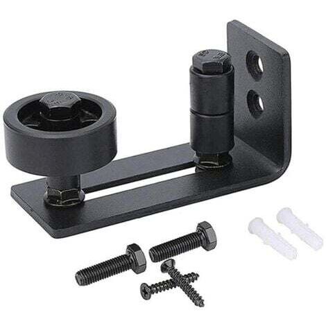 Guide de porte coulissante robuste pour porte de grange, butée 8 en 1 en acier au carbone noir design de fond encastré, panneau de sol et de porte, rouleau réglable, système de fixation murale (1/5)