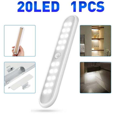 Lampe d'armoire à détecteur de mouvement PIR, éclairage sous le comptoir, éclairage de cuisine à 20 piles sans fil LED, lumières à piles, lumières adhésives pour armoire, placards, placard (blanc) (1/5)