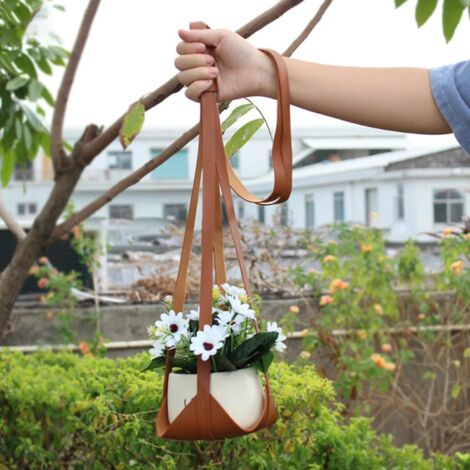 Pot de Fleur Suspendu en PU Cuir, Décoration Murale pour Intérieur et Extérieur, Marron, Support de Plante (1/5)