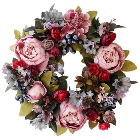 Couronne de Pivoine Artificielle, Décor de Porte d'Entrée Quatre Saisons, 35 cm (1/5)