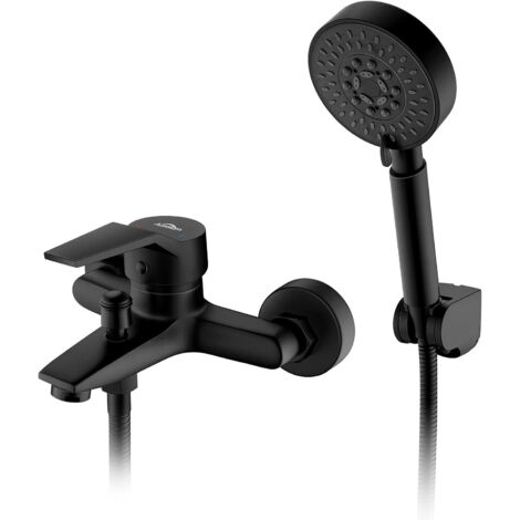 Robinet Baignoire Noir avec Douchette 5 Jets, Mitigeur Douche Mural avec 1,5m Flexible et Support, Robinetterie de Bain Monocommande Mural en Laiton pour Salle de Bain (1/5)