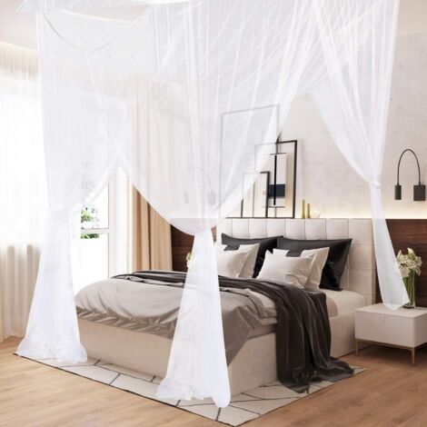 Moustiquaire Lit King Size, Auvent à Quatre Rideaux pour Lit Bébé et Adulte, Idéal pour Camping et Jardin, Blanc (1/4)