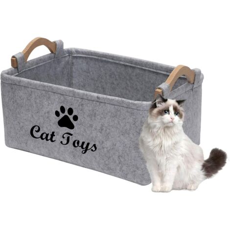 Panier de Rangement pour Jouets de Chat, Boîte avec Manche en Bois, Rangement pour Vêtements et Accessoires, Gris