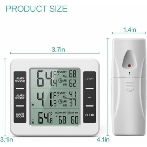 ORIA Thermomètre Frigo Congélateur Sans Fil - 2 Capteurs, Alarme, Min/Max - Gris Intérieur/Extérieur