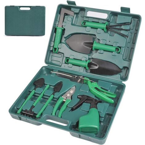 Ensemble d'outils de jardinage 10 pièces, pelle et sécateur antirouille pour jardinage extérieur, herse, pulvérisateur d'eau et sac de rangement durable pour femmes et hommes (1/5)